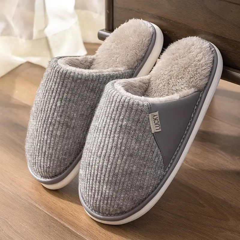 Plus Size Men's Fleece Slippers Grey Winter - Image 4