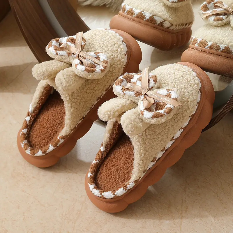 Women Fleece Bow Slippers Black Brown Non Slip - Image 4