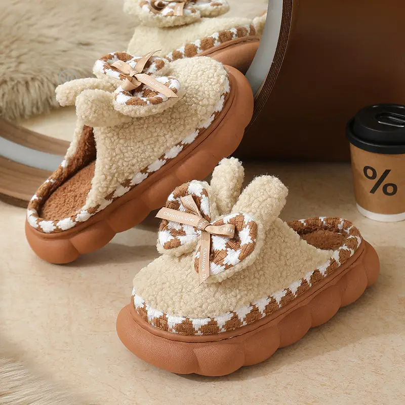 Women Fleece Bow Slippers Black Brown Non Slip - Image 5