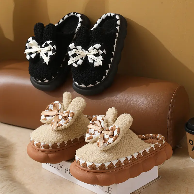 Women Fleece Bow Slippers Black Brown Non Slip - Image 6