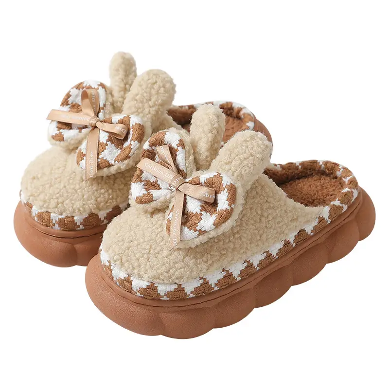 Women Fleece Bow Slippers Black Brown Non Slip - Image 7