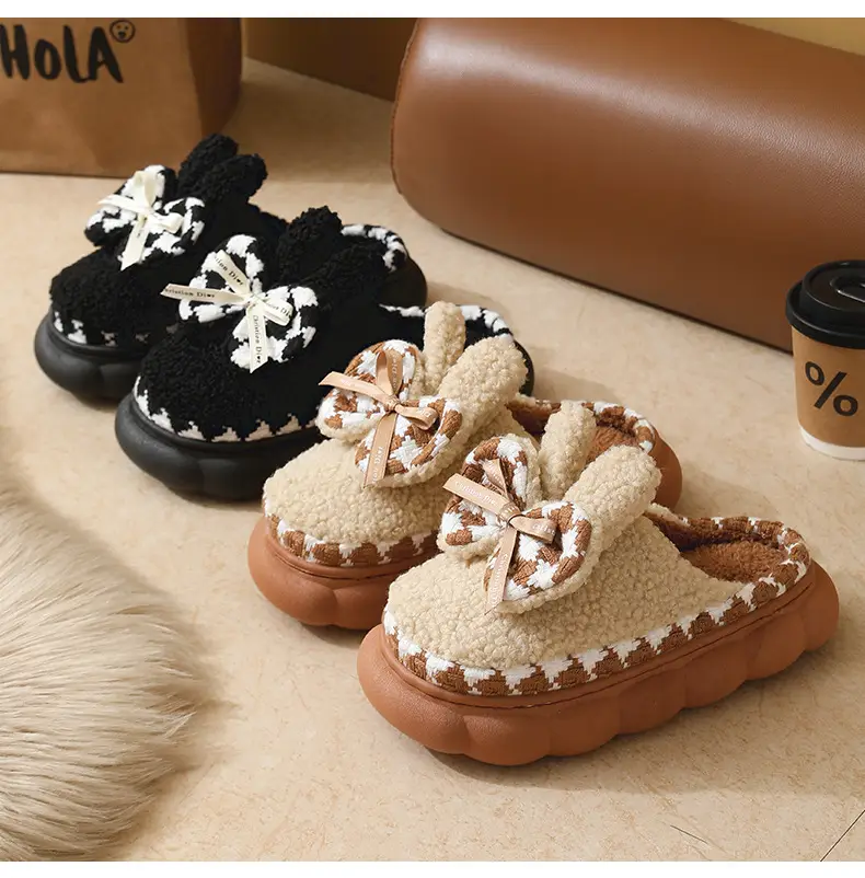 Women Fleece Bow Slippers Black Brown Non Slip — feature 13