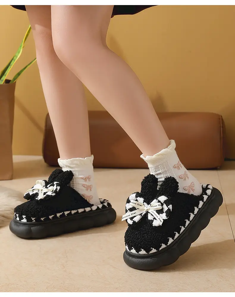 Women Fleece Bow Slippers Black Brown Non Slip — feature 14