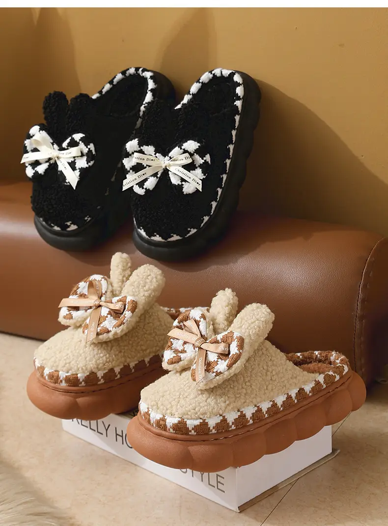 Women Fleece Bow Slippers Black Brown Non Slip — feature 16
