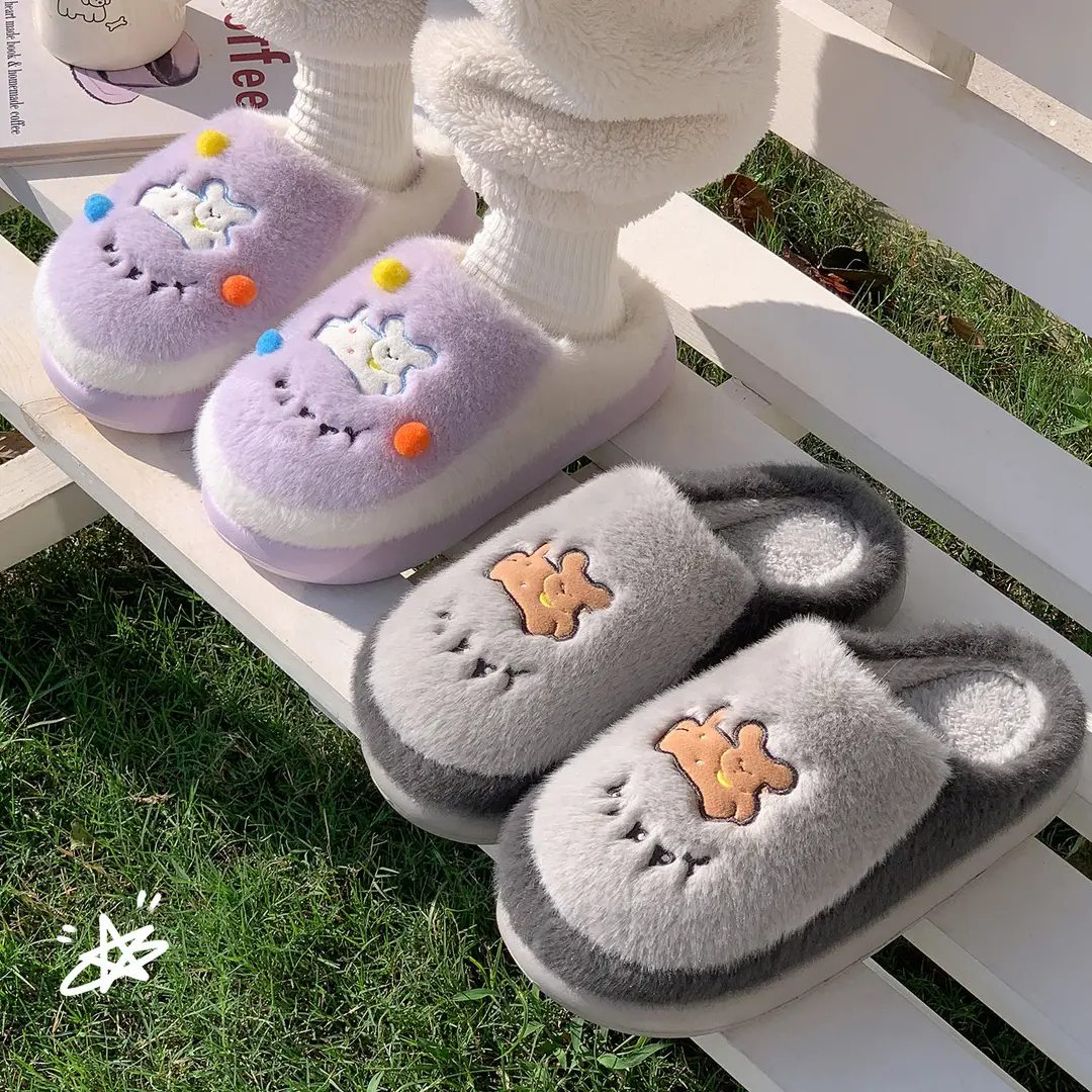 Cute Cotton Slippers for Women, Autumn and Winter Indoor Home Thick-Soled Non-Slip Couples Fleece-Lined Warm Plush Slippers for Men - Image 7