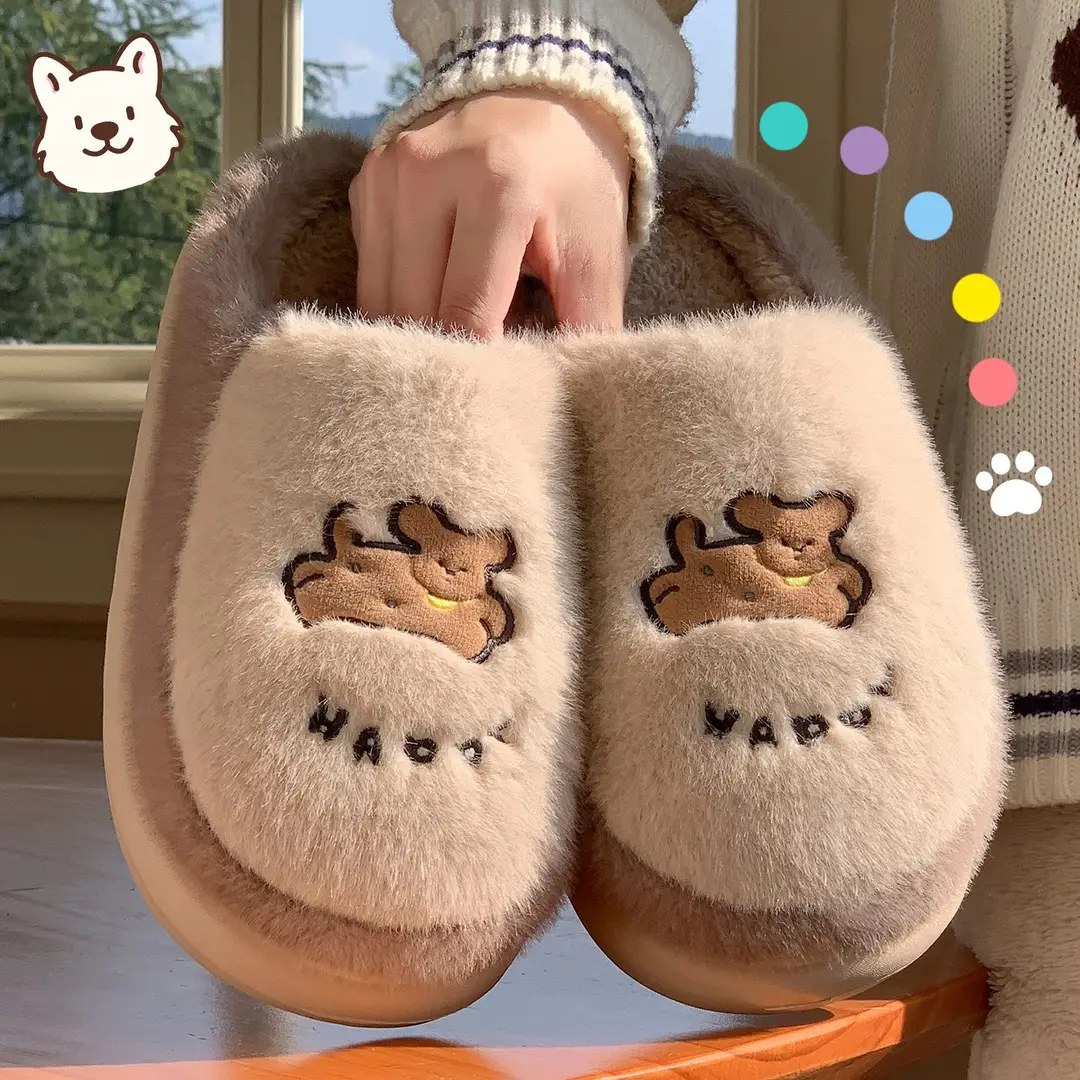 Cute Cotton Slippers for Women, Autumn and Winter Indoor Home Thick-Soled Non-Slip Couples Fleece-Lined Warm Plush Slippers for Men - Image 8
