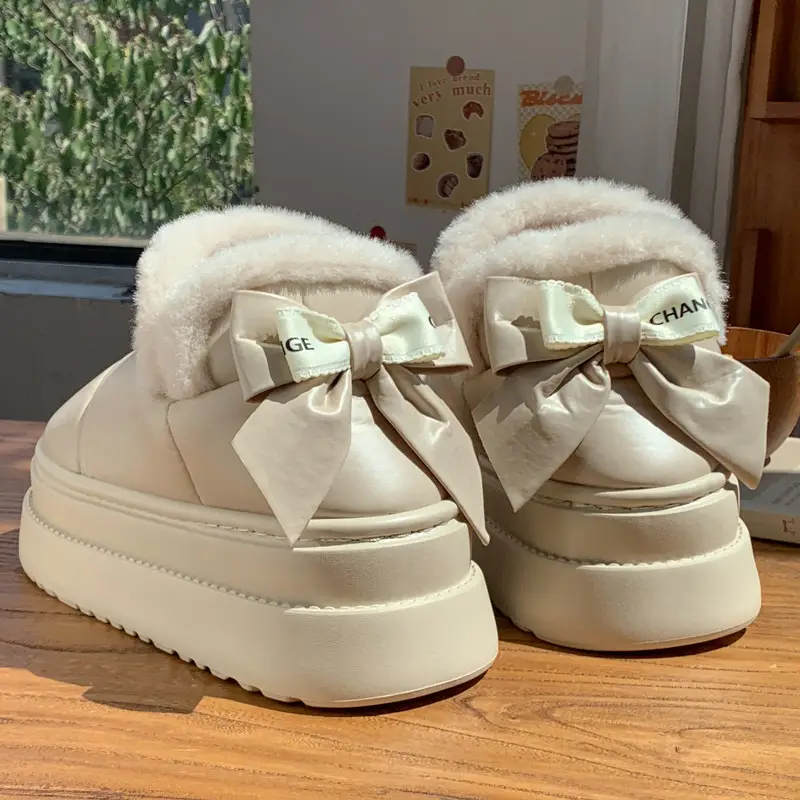 New Stylish Thick-Soled Height-Increasing Bow Cotton Shoes for Women, Winter Plush Warm Soft-Soled Maternity Shoes with Fur Collar Snow Boots