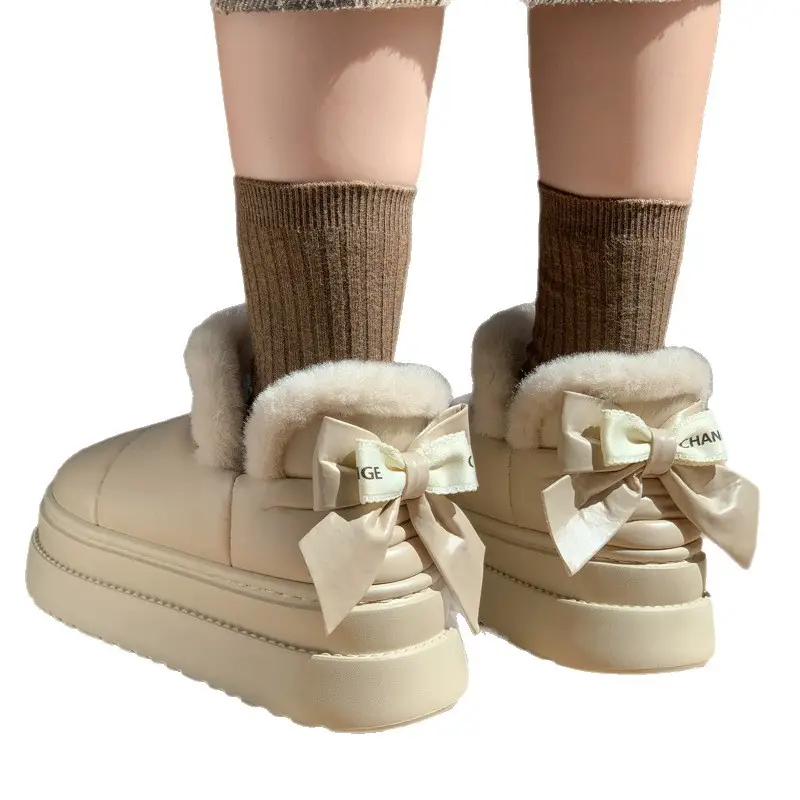 New Stylish Thick-Soled Height-Increasing Bow Cotton Shoes for Women, Winter Plush Warm Soft-Soled Maternity Shoes with Fur Collar Snow Boots