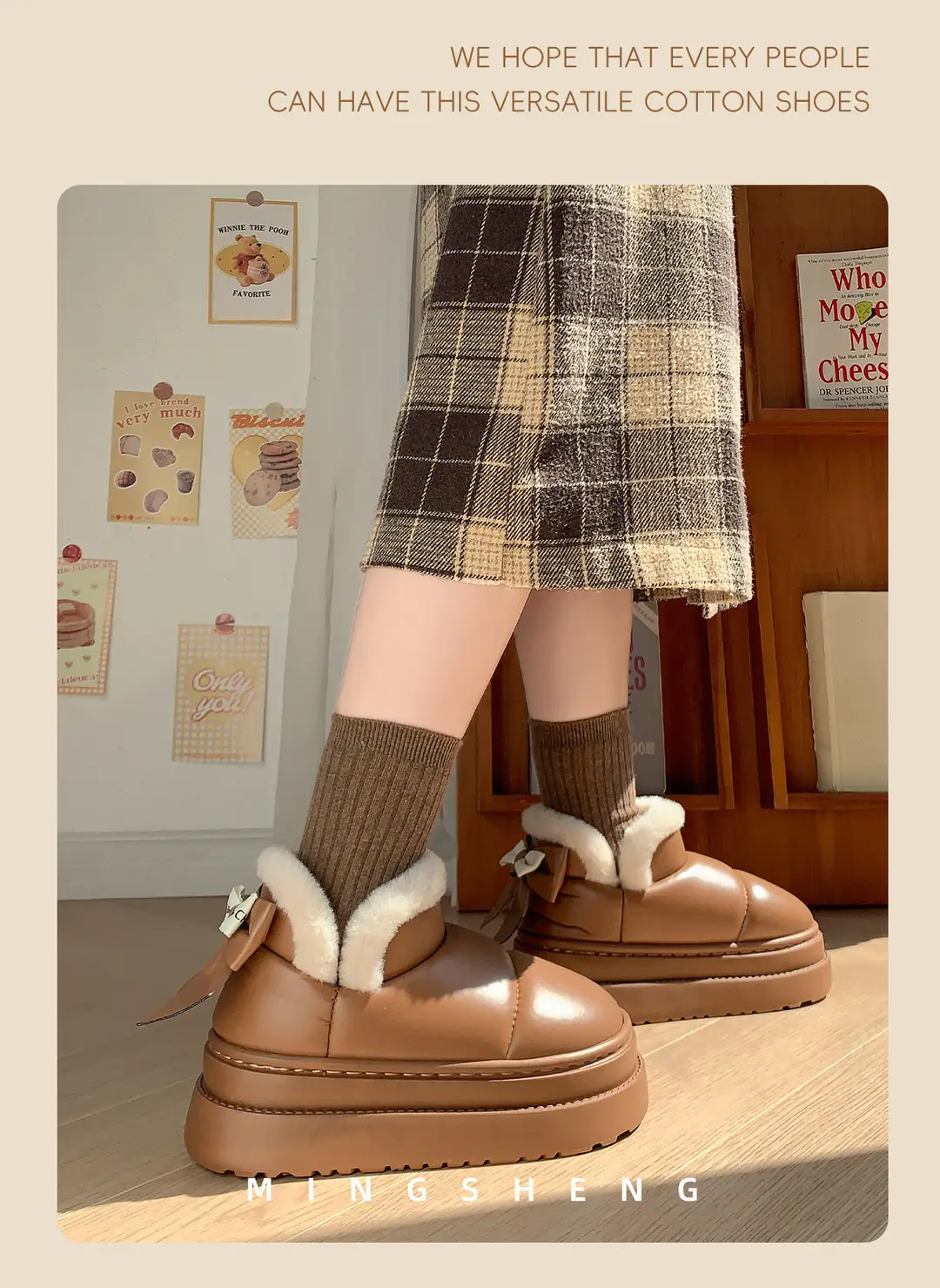 New Stylish Thick-Soled Height-Increasing Bow Cotton Shoes for Women, Winter Plush Warm Soft-Soled Maternity Shoes with Fur Collar Snow Boots — feature 7
