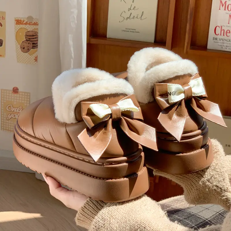 New Stylish Thick-Soled Height-Increasing Bow Cotton Shoes for Women, Winter Plush Warm Soft-Soled Maternity Shoes with Fur Collar Snow Boots