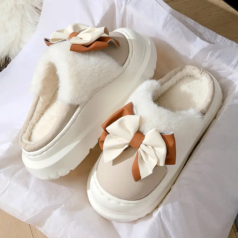 Women's Bow Knot Thick Slippers Autumn Winter Warm - Image 4