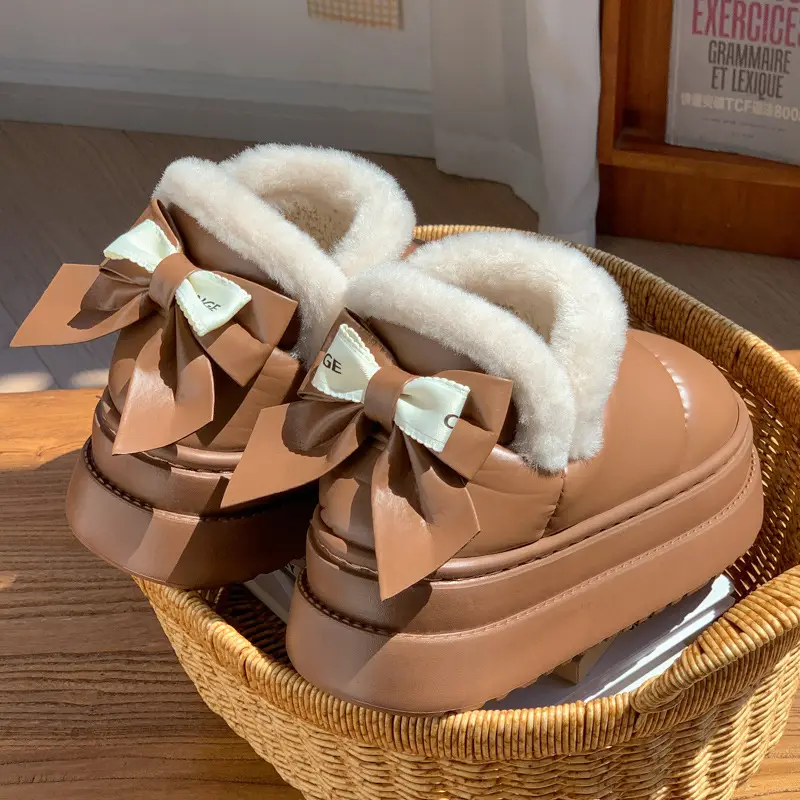 Popular Bow Cotton Slippers for Women in Autumn and Winter Confinement Shoes for Indoor Household Thick-Soled Non-Slip Fleece-Lined Warm Bag Heel Cotton Shoes - Image 4