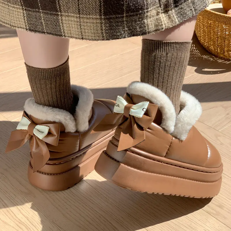 Popular Bow Cotton Slippers for Women in Autumn and Winter Confinement Shoes for Indoor Household Thick-Soled Non-Slip Fleece-Lined Warm Bag Heel Cotton Shoes - Image 6