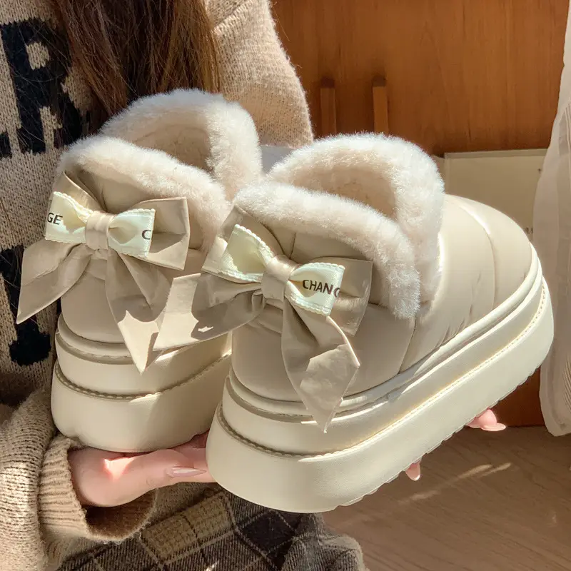 Popular Bow Cotton Slippers for Women in Autumn and Winter Confinement Shoes for Indoor Household Thick-Soled Non-Slip Fleece-Lined Warm Bag Heel Cotton Shoes - Image 2
