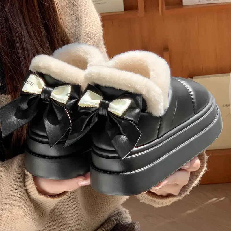 Popular Bow Cotton Slippers for Women in Autumn and Winter Confinement Shoes for Indoor Household Thick-Soled Non-Slip Fleece-Lined Warm Bag Heel Cotton Shoes - Image 3