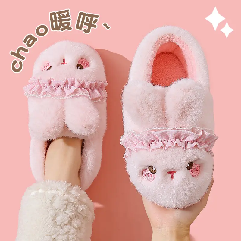 Women's Pink Rabbit Slippers Warm Plush Baby Footwear - Image 4