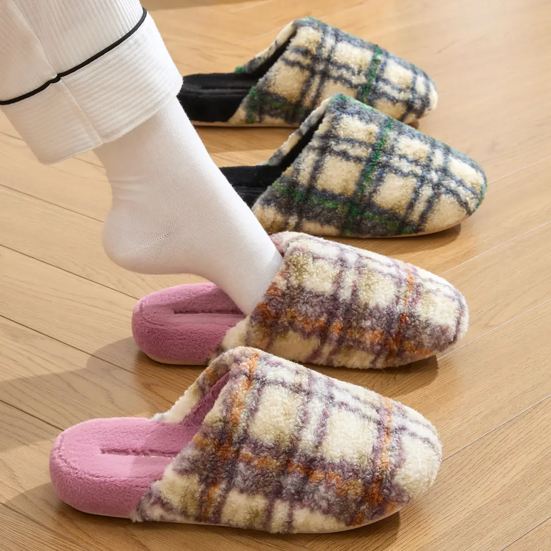 High-Bottom Retro Plaid Cotton Slippers for Women in Autumn and Winter Indoor Home Thick-Soled Non-Slip Silent Plush Warm Slippers - Image 13