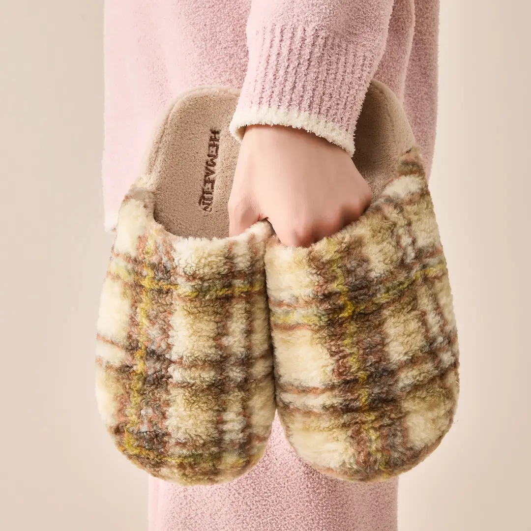 High-Bottom Retro Plaid Cotton Slippers for Women in Autumn and Winter Indoor Home Thick-Soled Non-Slip Silent Plush Warm Slippers - Image 14
