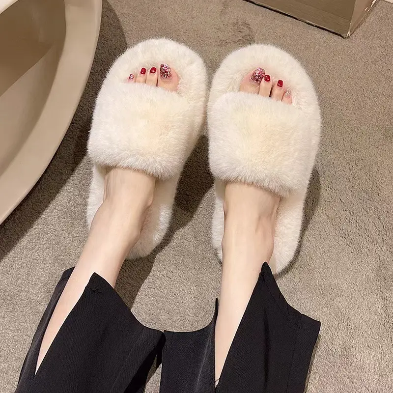 High-End Furry Slippers for Women, Suitable for Outdoor Wear in Spring and Autumn, New Korean-Style Chic Trendy Home Slippers, One-Strap Cotton Slippers