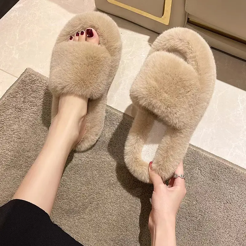 High-End Furry Slippers for Women, Suitable for Outdoor Wear in Spring and Autumn, New Korean-Style Chic Trendy Home Slippers, One-Strap Cotton Slippers