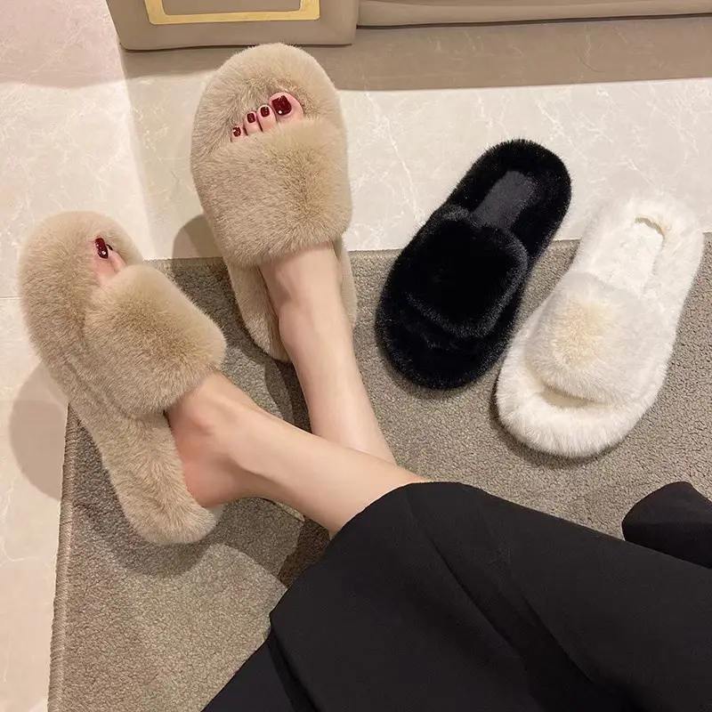 High-End Furry Slippers for Women, Suitable for Outdoor Wear in Spring and Autumn, New Korean-Style Chic Trendy Home Slippers, One-Strap Cotton Slippers