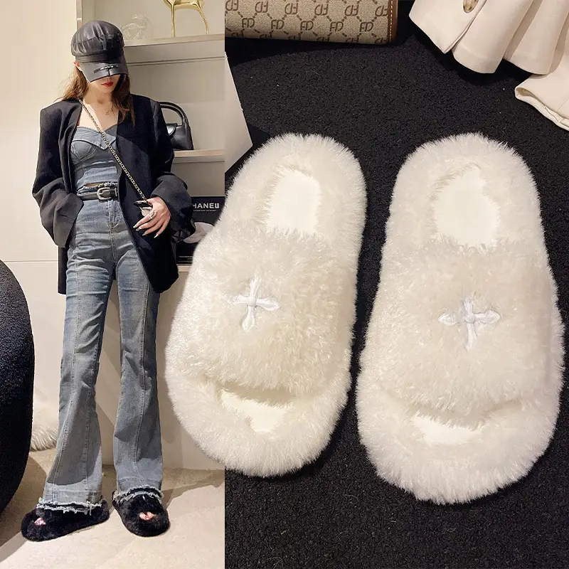 High-End Furry Slippers for Women, Suitable for Outdoor Wear in Spring and Autumn, New Korean-Style Chic Trendy Home Slippers, One-Strap Cotton Slippers
