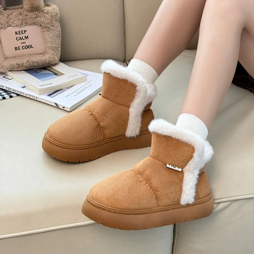 Qidan Shoe Factory Women's Winter Snow Boots for Home Indoor Fleece-Lined Warm Outer Wear Thick-Soled Non-Slip Heel Cotton Shoes for Women Winter