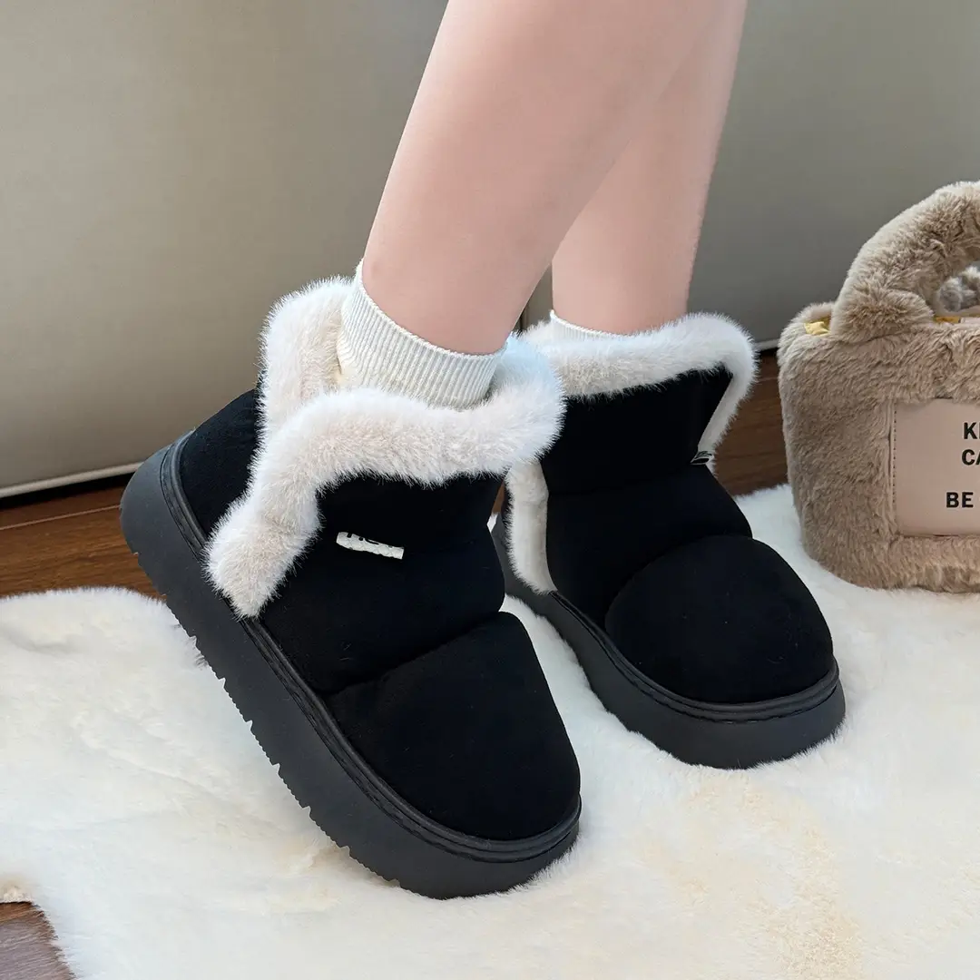 Qidan Shoe Factory Women's Winter Snow Boots for Home Indoor Fleece-Lined Warm Outer Wear Thick-Soled Non-Slip Heel Cotton Shoes for Women Winter