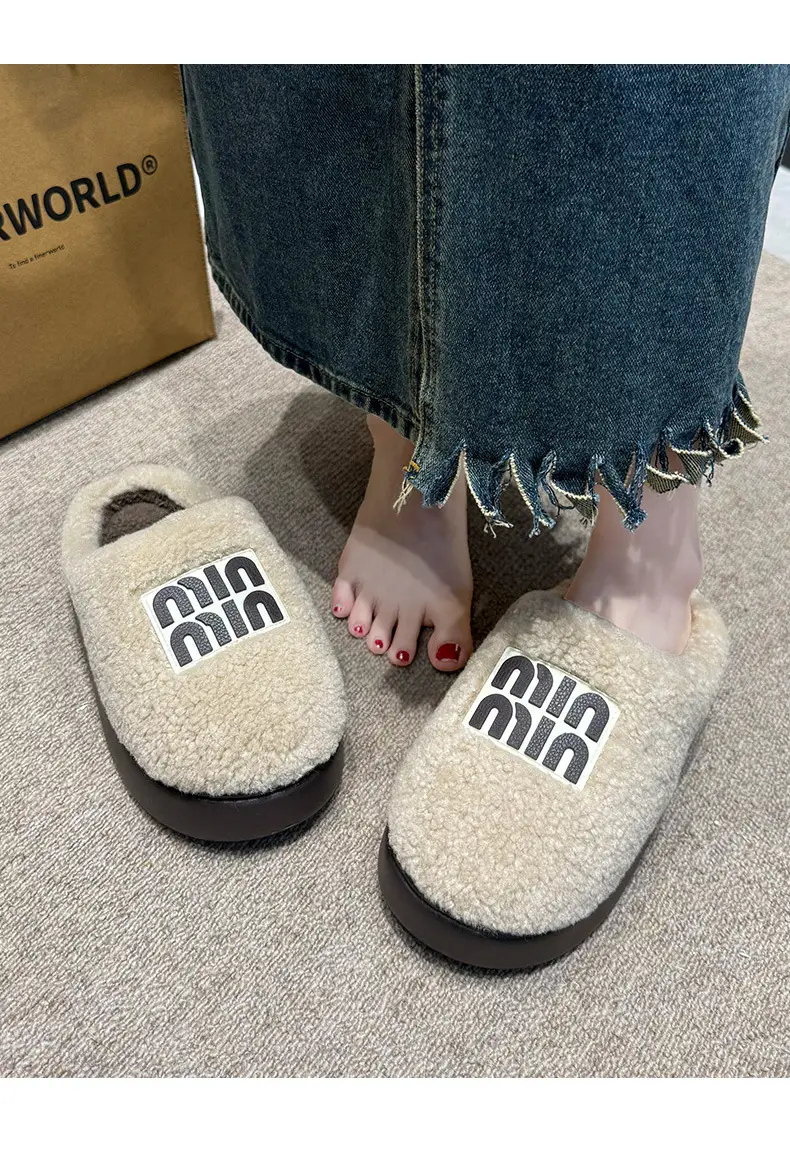 Women's Cotton Winter Slippers Beige Thick Sole — feature 16