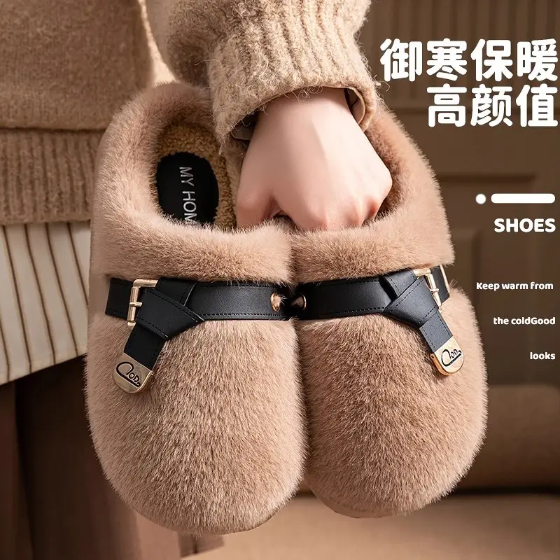 2025 New Style Half-Covered Toe Fashion Leather Buckle Furry Slippers New Autumn and Winter Retro Plush Cotton Shoes Half-Covered Toe Slippers - Image 4