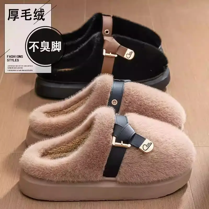 2025 New Style Half-Covered Toe Fashion Leather Buckle Furry Slippers New Autumn and Winter Retro Plush Cotton Shoes Half-Covered Toe Slippers - Image 7