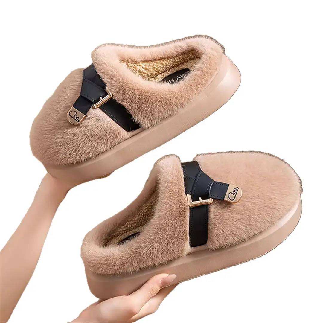 2025 New Style Half-Covered Toe Fashion Leather Buckle Furry Slippers New Autumn and Winter Retro Plush Cotton Shoes Half-Covered Toe Slippers - Image 8