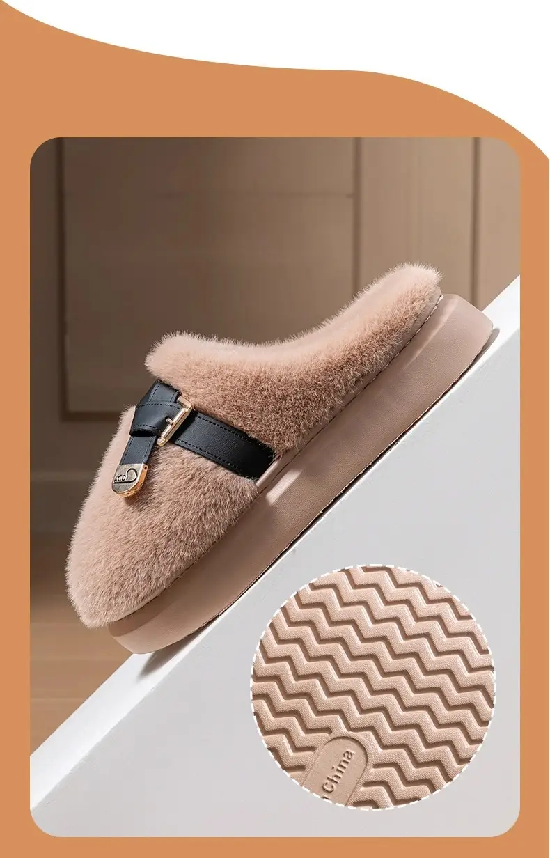2025 New Style Half-Covered Toe Fashion Leather Buckle Furry Slippers New Autumn and Winter Retro Plush Cotton Shoes Half-Covered Toe Slippers — feature 14