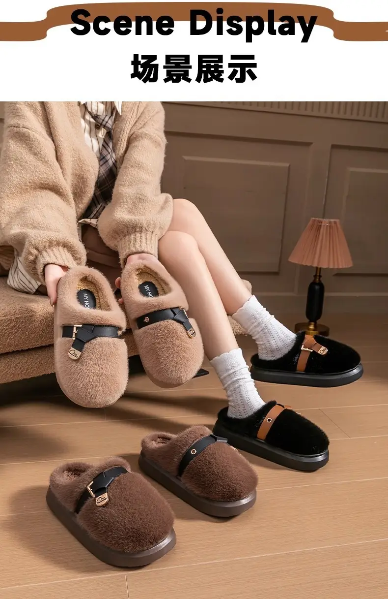 2025 New Style Half-Covered Toe Fashion Leather Buckle Furry Slippers New Autumn and Winter Retro Plush Cotton Shoes Half-Covered Toe Slippers — feature 16