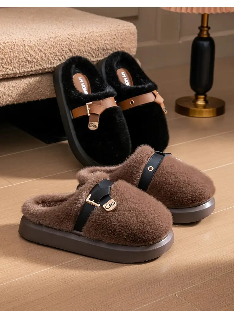 2025 New Style Half-Covered Toe Fashion Leather Buckle Furry Slippers New Autumn and Winter Retro Plush Cotton Shoes Half-Covered Toe Slippers — feature 18