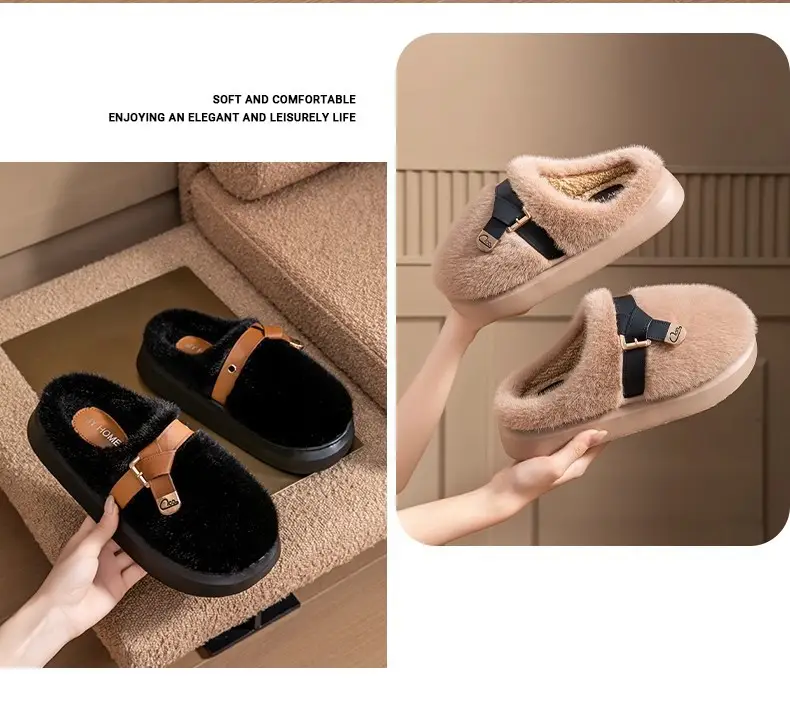 2025 New Style Half-Covered Toe Fashion Leather Buckle Furry Slippers New Autumn and Winter Retro Plush Cotton Shoes Half-Covered Toe Slippers — feature 19