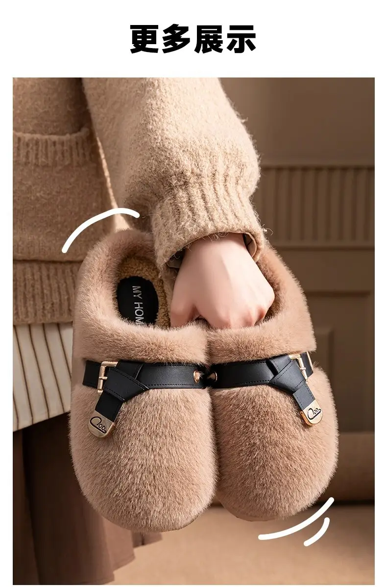 2025 New Style Half-Covered Toe Fashion Leather Buckle Furry Slippers New Autumn and Winter Retro Plush Cotton Shoes Half-Covered Toe Slippers — feature 21