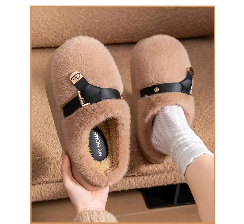 2025 New Style Half-Covered Toe Fashion Leather Buckle Furry Slippers New Autumn and Winter Retro Plush Cotton Shoes Half-Covered Toe Slippers — feature 22