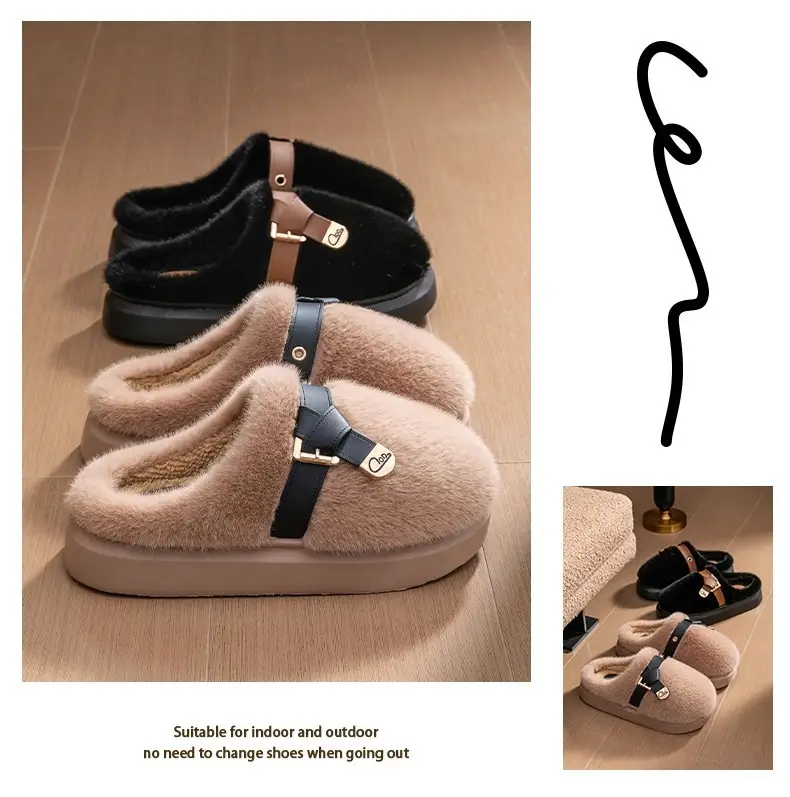 2025 New Style Half-Covered Toe Fashion Leather Buckle Furry Slippers New Autumn and Winter Retro Plush Cotton Shoes Half-Covered Toe Slippers — feature 23