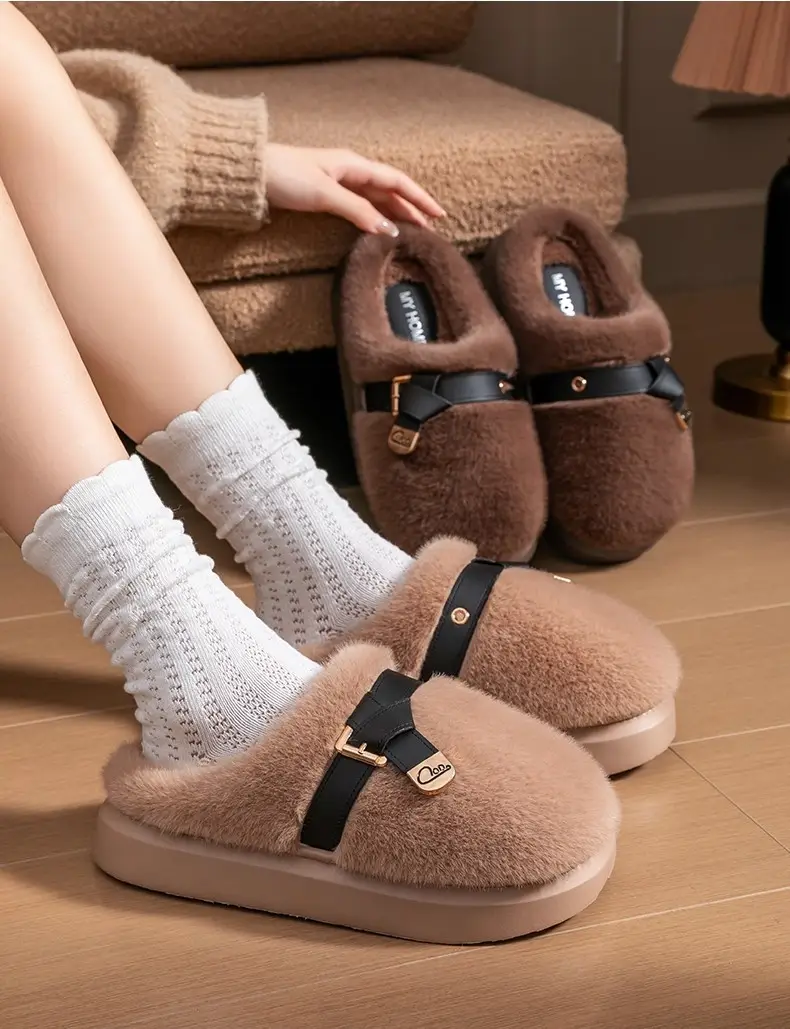 2025 New Style Half-Covered Toe Fashion Leather Buckle Furry Slippers New Autumn and Winter Retro Plush Cotton Shoes Half-Covered Toe Slippers — feature 24