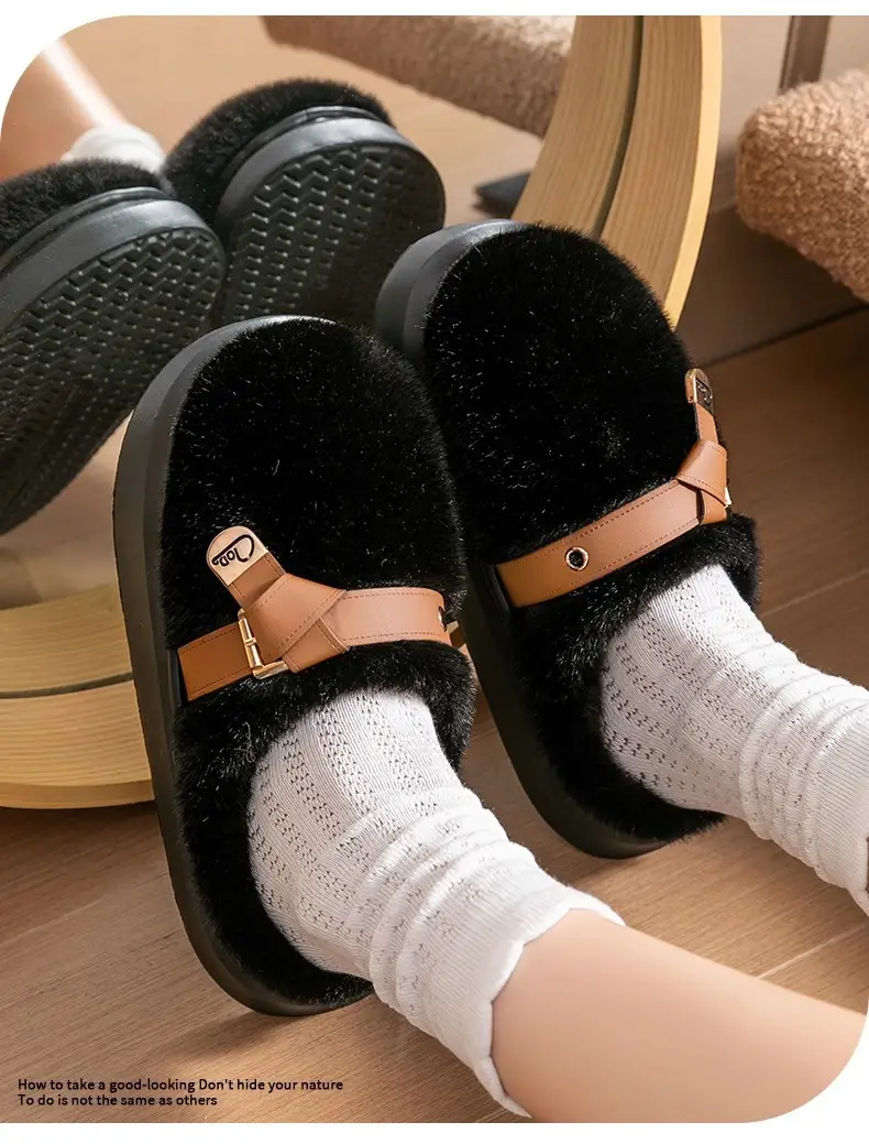 2025 New Style Half-Covered Toe Fashion Leather Buckle Furry Slippers New Autumn and Winter Retro Plush Cotton Shoes Half-Covered Toe Slippers — feature 3