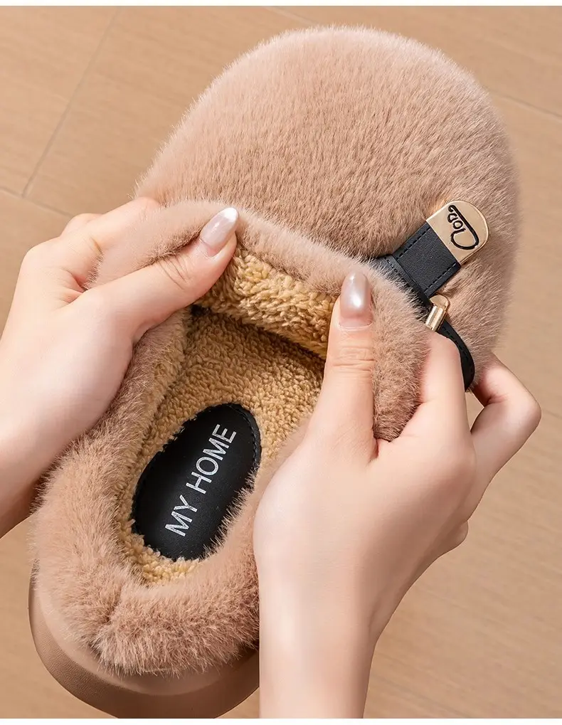 2025 New Style Half-Covered Toe Fashion Leather Buckle Furry Slippers New Autumn and Winter Retro Plush Cotton Shoes Half-Covered Toe Slippers — feature 8