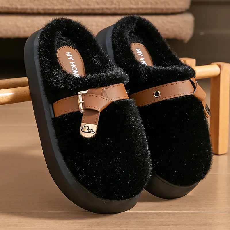 2025 New Style Half-Covered Toe Fashion Leather Buckle Furry Slippers New Autumn and Winter Retro Plush Cotton Shoes Half-Covered Toe Slippers - Image 3