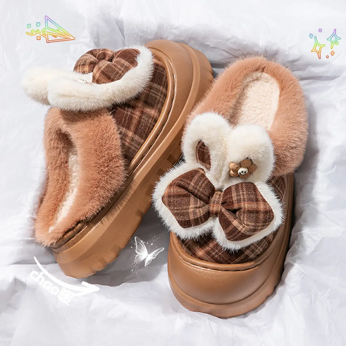 Women Winter Warm Plush Slippers Brown Plaid Bow - Image 7