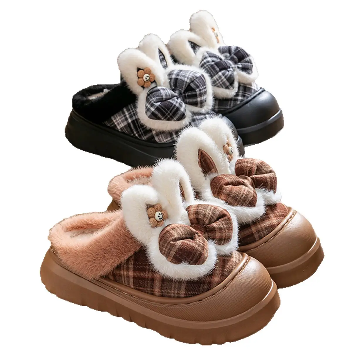 Women Winter Warm Plush Slippers Brown Plaid Bow - Image 8
