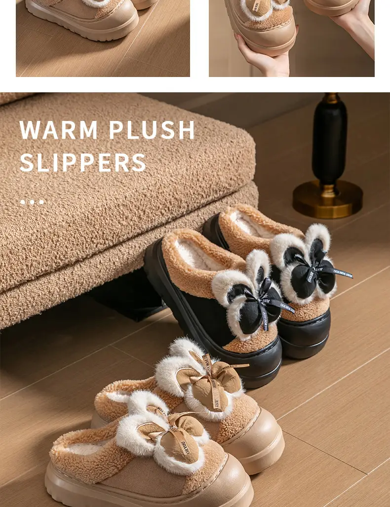 Women Winter Warm Plush Slippers Brown Plaid Bow — feature 16