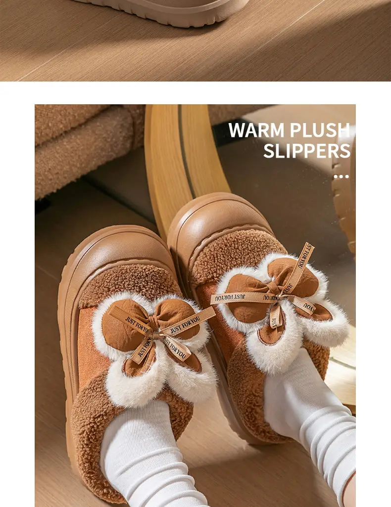 Women Winter Warm Plush Slippers Brown Plaid Bow — feature 17