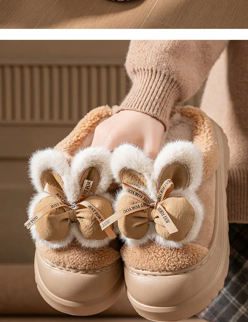 Women Winter Warm Plush Slippers Brown Plaid Bow — feature 19