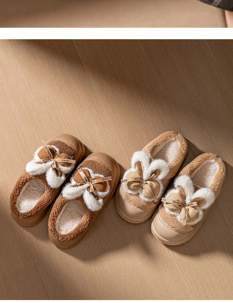 Women Winter Warm Plush Slippers Brown Plaid Bow — feature 20