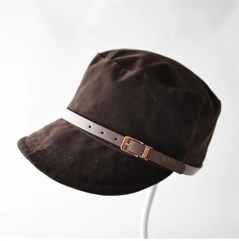 Black Suede Peaked Cap for Women with Buckle — feature 10